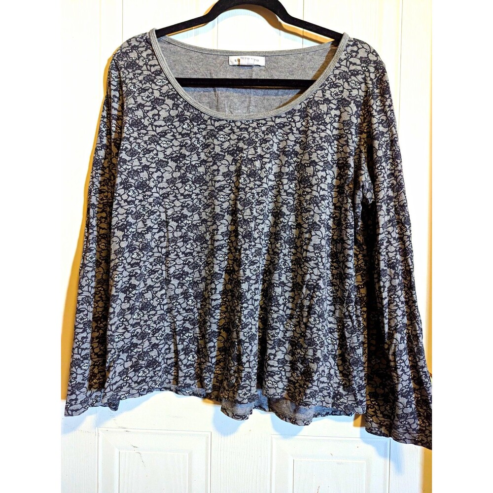 Liz Claiborne Women's XL Gray Black Knit Scoop Neck Floral Long Sleeve Top Shirt